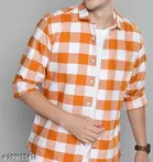 Cotton Blend Checked Shirt for Men, Orange 