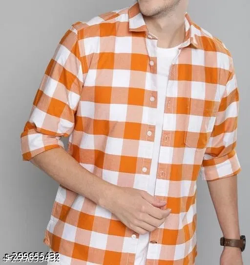 Cotton Blend Checked Shirt for Men, Orange (S)