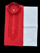 Cotton Embroidered Kurta with Pyjama for Men (Red & White, M)