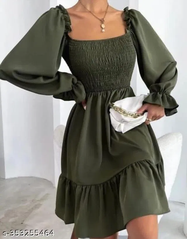Poly Crepe Dress for Women (Green, L)