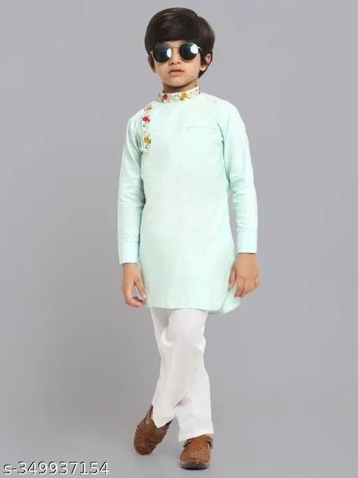 Cotton Blend Kurta with Pyjama for Boys (Green & White, 4-5 Years)