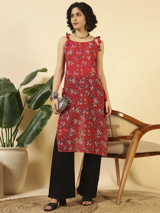 Sleeveless Kurti for Women (Red, L)