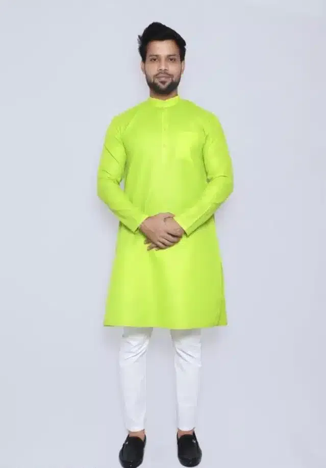 Cotton Blend Solid Kurta Set for Men (Green & White, XXL)