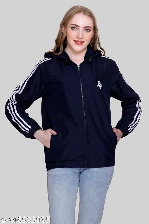 Nylon Solid Jackets for Women (Navy Blue, XL)