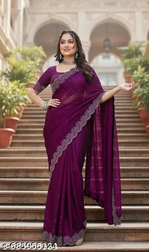Chiffon Embellished Saree For Women, Purple