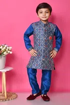Cotton Blend Embroidered 3 Pcs Sherwani Set for Kids (Royal Blue, 1-2 Years)