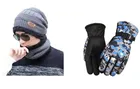 Woolen Cap with Neck Warmer & Gloves for Men & Women (Multicolor, Set of 2)