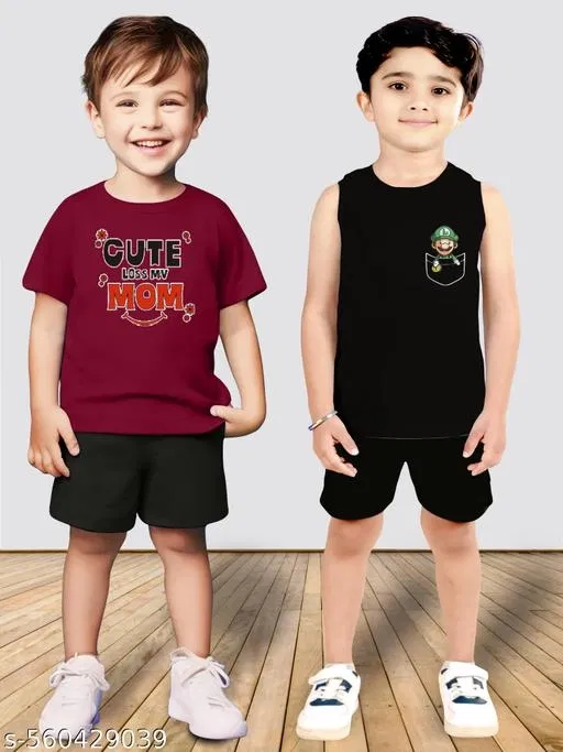 Cotton Blend Printed Clothing Set for Boys, Maroon & Black, Pack Of 2 (3-4 Years)