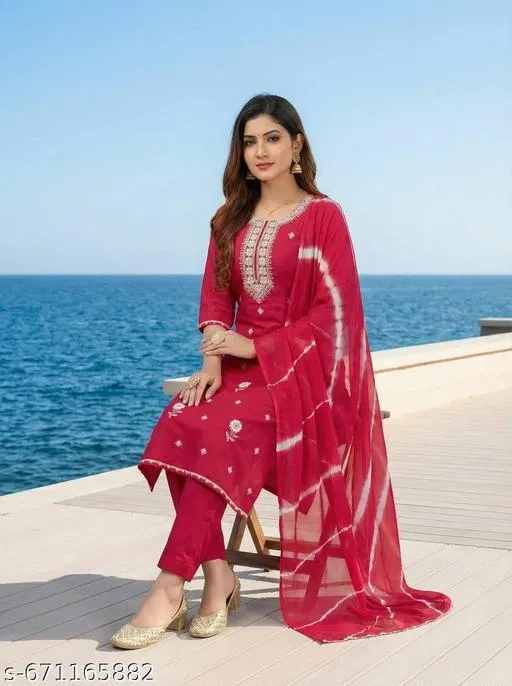 Printed A-line Kurta Set for Women (Red, L)