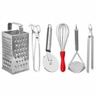 Oc9 स्टेनलेस स्टील 4 in 1 स्लाइसर एंड ग्रेटर & यूटिलिटी पकड़ & पिज़्ज़ा कटर & रोटी चिमटा & पोटैटो मेशर फॉर किचन टूल सेट 