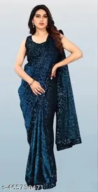 Lycra Blend Embellished Saree for Women (Navy Blue, 6.3 m)