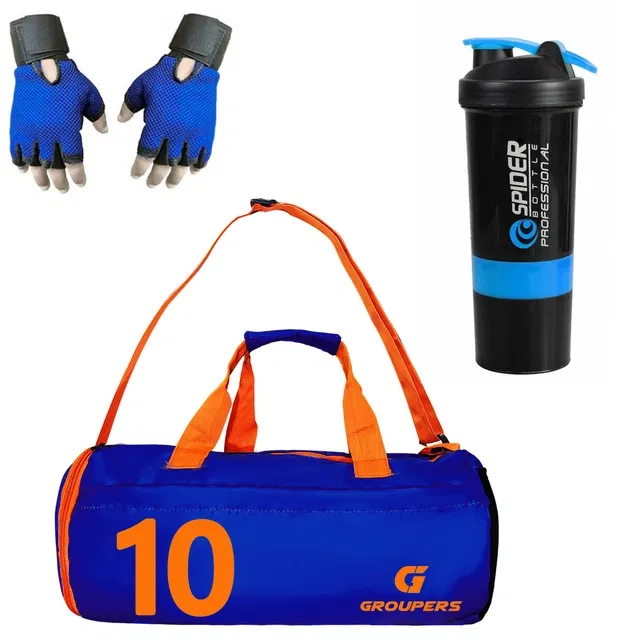 Polyester Printed Gym Bag with Gloves & Shaker Bottle (500 ml) for Men & Women (Multicolor, Set of 1)