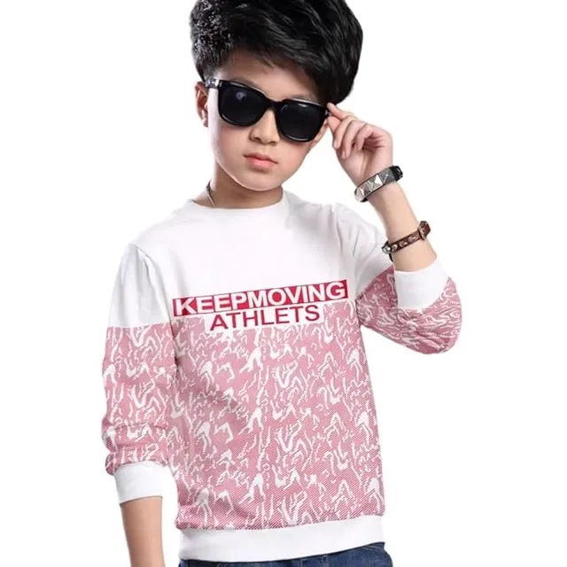 Round Neck Printed T-Shirt for Boys (Pink & White, 10-11 Years)