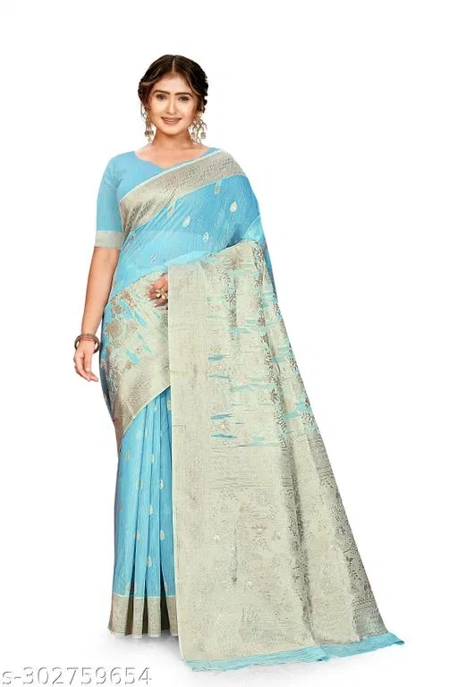 Linen Zari Woven Saree for Women (Sky Blue, 6.3 m)