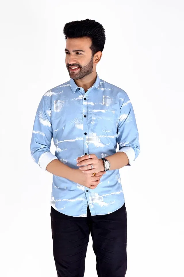 Cotton Blend Printed Shirt for Men, White & Blue (XL)