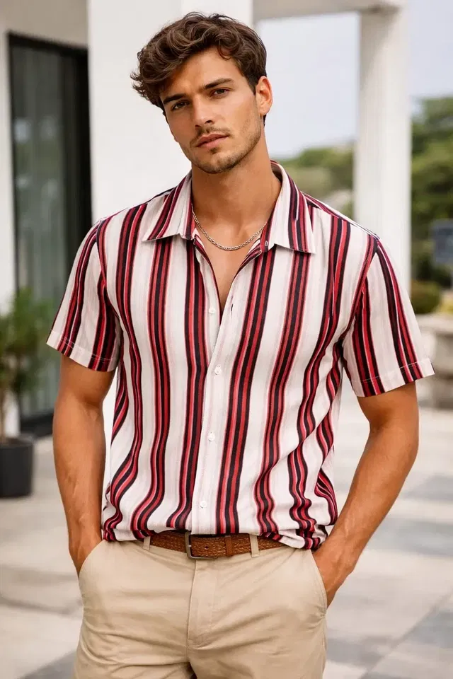 Striped Casual Shirts for Men (Red & White, M)