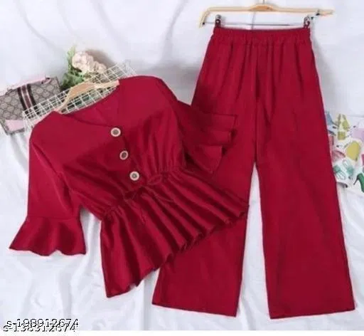 Polyester Solid Top & Bottom Set for Women, Maroon (M)