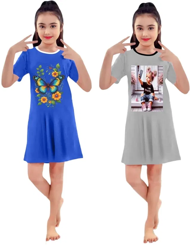 Graphic Print Cotton Blend Shift Dress for Girls, Pack of 2 (Blu & Grey, 4-5 Y)