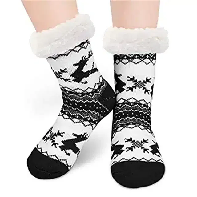 Fur Winter Socks for Women (White & Black, Free Size)