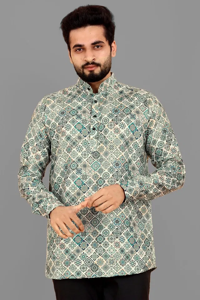 Cotton Blend Printed Kurta for Men (Light Green, M)