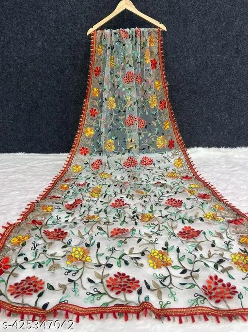 Aari Work Floral Phulkari Net Dupatta for Women (White, Free Size)
