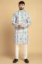 Cotton Blend Self-Design Kurta for Men, White 