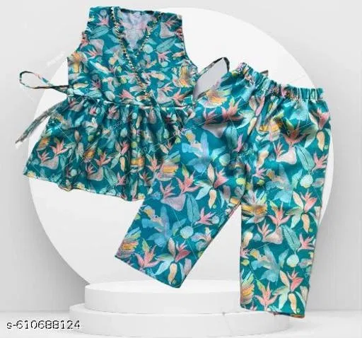 Rayon Slub Printed Clothing Set for Girls, Green, Pack of 1 (9-12 Months)