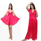 Satin Solid Nightdress Set for Women (Pink, XL)