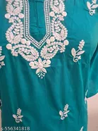 Cotton Chikankari Short Kurti for Women, Blue 