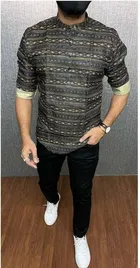 Cotton Blend Printed Short Kurta for Men 