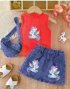 Hosiery Cotton & Denim Printed Clothing Set for Kids, Red & Blue 