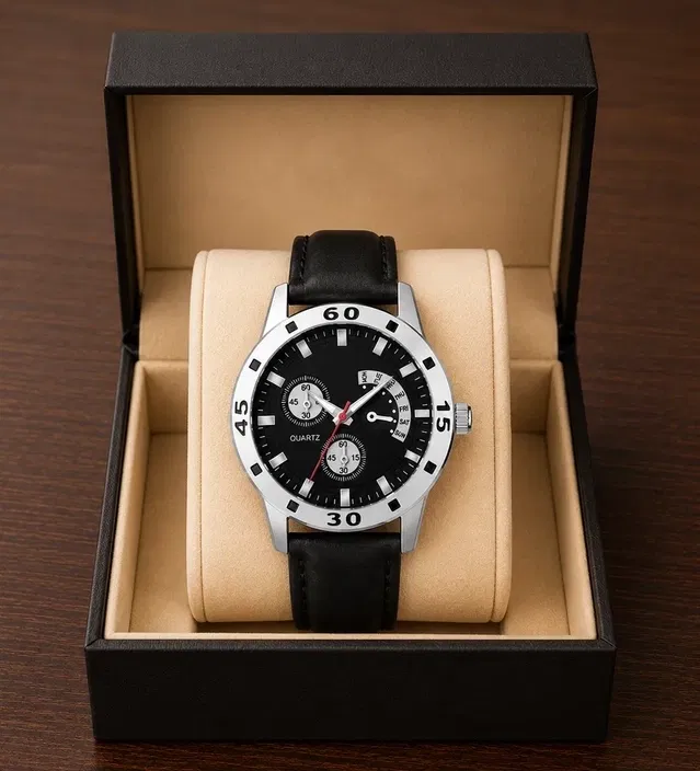 Silver Dial Chronograph Watch with PU Strap for Men, Black