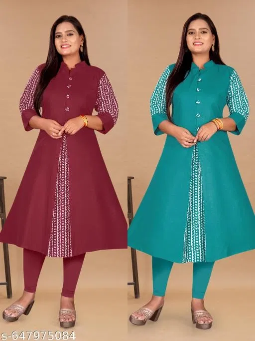 Solid Cotton Blend Kurti for Women, Pack of 2 (Maroon, XXL)