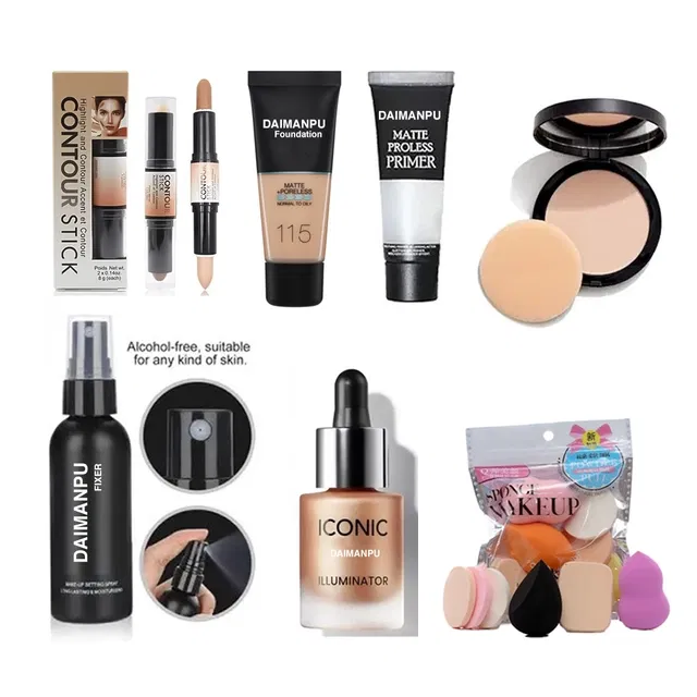 Combo of Fixer, Beauty Blenders, Liquid Shimmer Illuminator, Concealer & Compact Powder for Women (Multicolor, Set of 7)