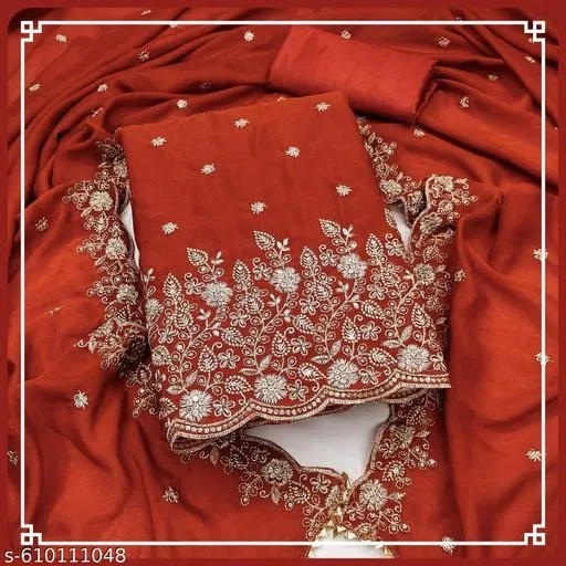 Embroidered Patiala Suit for Women (Orange, 7.05 meter (4XL)) (Orange, 6.05 meter (M)