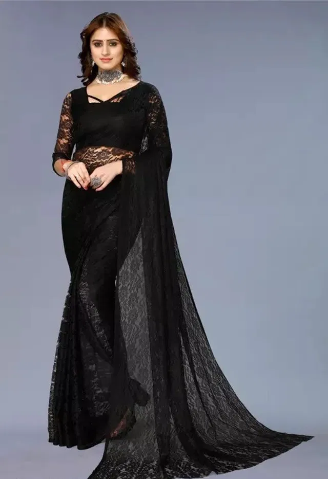 Net Floral Saree for Women (Black, 6.3 m)
