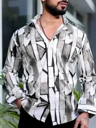 Full Sleeves Printed Shirt for Men (Grey & White, S)