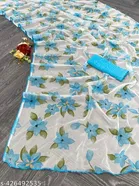 Georgette Printed Saree for Women, Sky Blue 