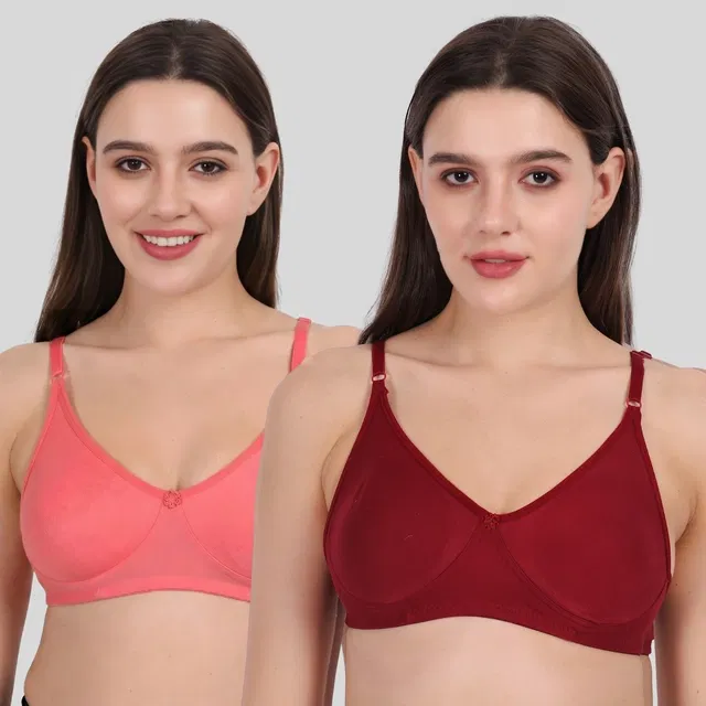 Cotton Bra for Women, Pink & Red, Pack of 2 (34B)