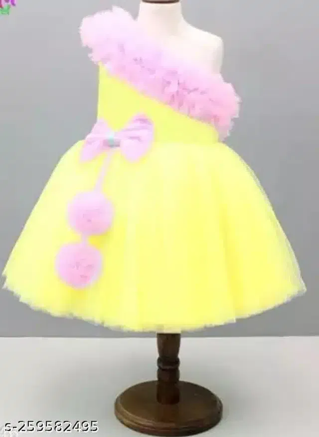 Net Sleeveless Dress for Girls (Pink & Yellow, 12-18 Months)