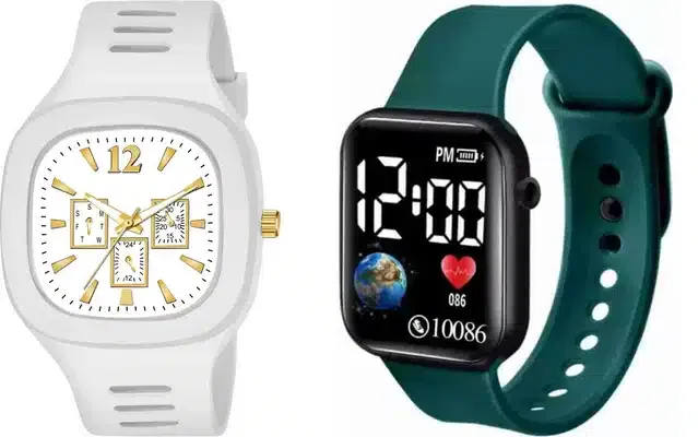 Analog with Smartwatch Combo for Men (White & Teal, Pack of 2)