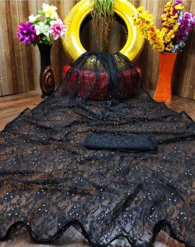 Net Solid Saree for Women (Black, 6.3 m)