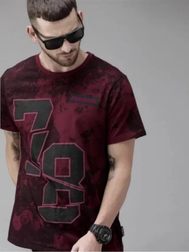 Cotton Blend Printed T-shirt for Men, Maroon (L)