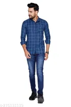 Cotton Blend Checkred Shirt for Men, Blue 