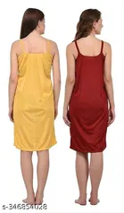 Satin Solid Nightdress for Women, Yellow & Maroon, Pack of 2 