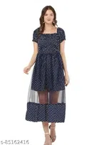 Poly Crepe Half Sleeves Dress for Women (Navy Blue, S)