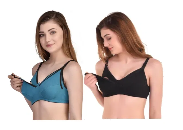 Cotton Blen Solid Non Padded Feeding Bras for Women (Multicolor, 34) (Pack of 2)