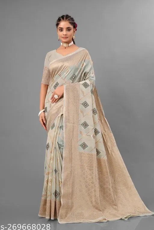 Cotton Linen Zari Woven Saree for Women (Beige, 6.3 m)