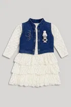 Denim Embroidery Frock For Girls, Blue & White 