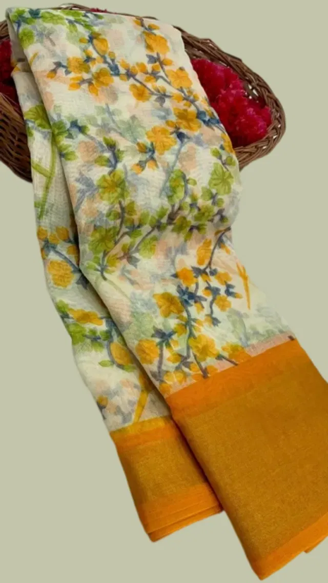 Cotton Printed Saree for Women (Mustard, 6 m)